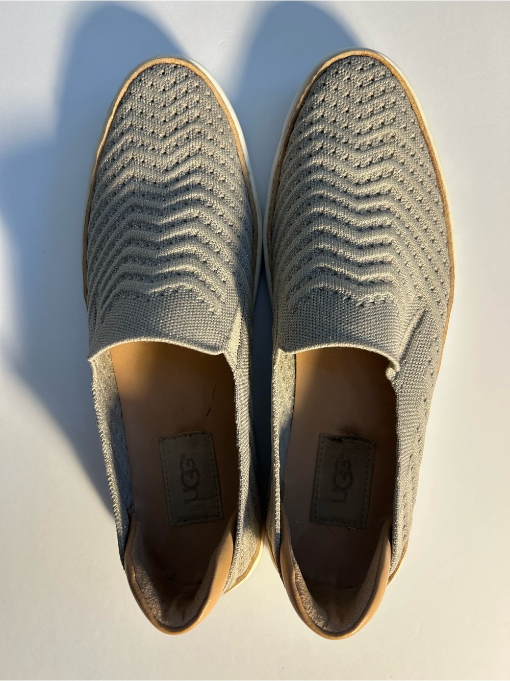 UGG Women Knit Slip-On Loafers in Light Gray with Tan Trim